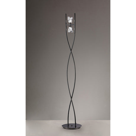 The Eclipse 2 Light Floor Lamp - Black Chrome features two crossed metal rods with a twisted design, two glass light fixtures near the top, and a round base—ideal for contemporary lighting in any modern space.