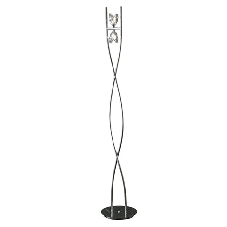 The Eclipse 2 Light Floor Lamp features polished chrome curved rods rising from a circular black base, with two glass or crystal fixtures providing elegant ambient lighting for contemporary spaces.