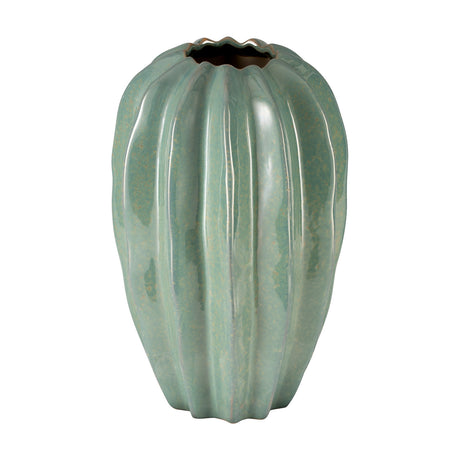 Egele ceramic vase, 30.5cm tall with deep ribs and a wavy crimped rim, glossy light green glaze with sandy speckles, shown against a plain white background.