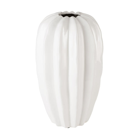 Egele Ceramic Vase in glossy white with deep vertical ribs, a gently swollen body, and a zigzag rim narrowing to a dark opening, shown on a plain white background.