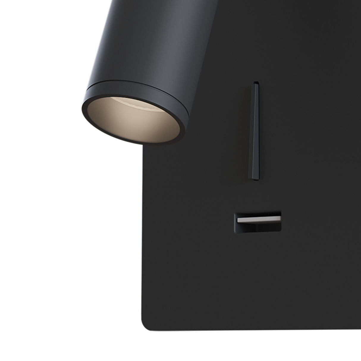 The Mirax LED Swivel Rectangular Wall Light in black features a modern cylindrical design, directing light downward over its dark matte surface with a visible small rectangular control switch.