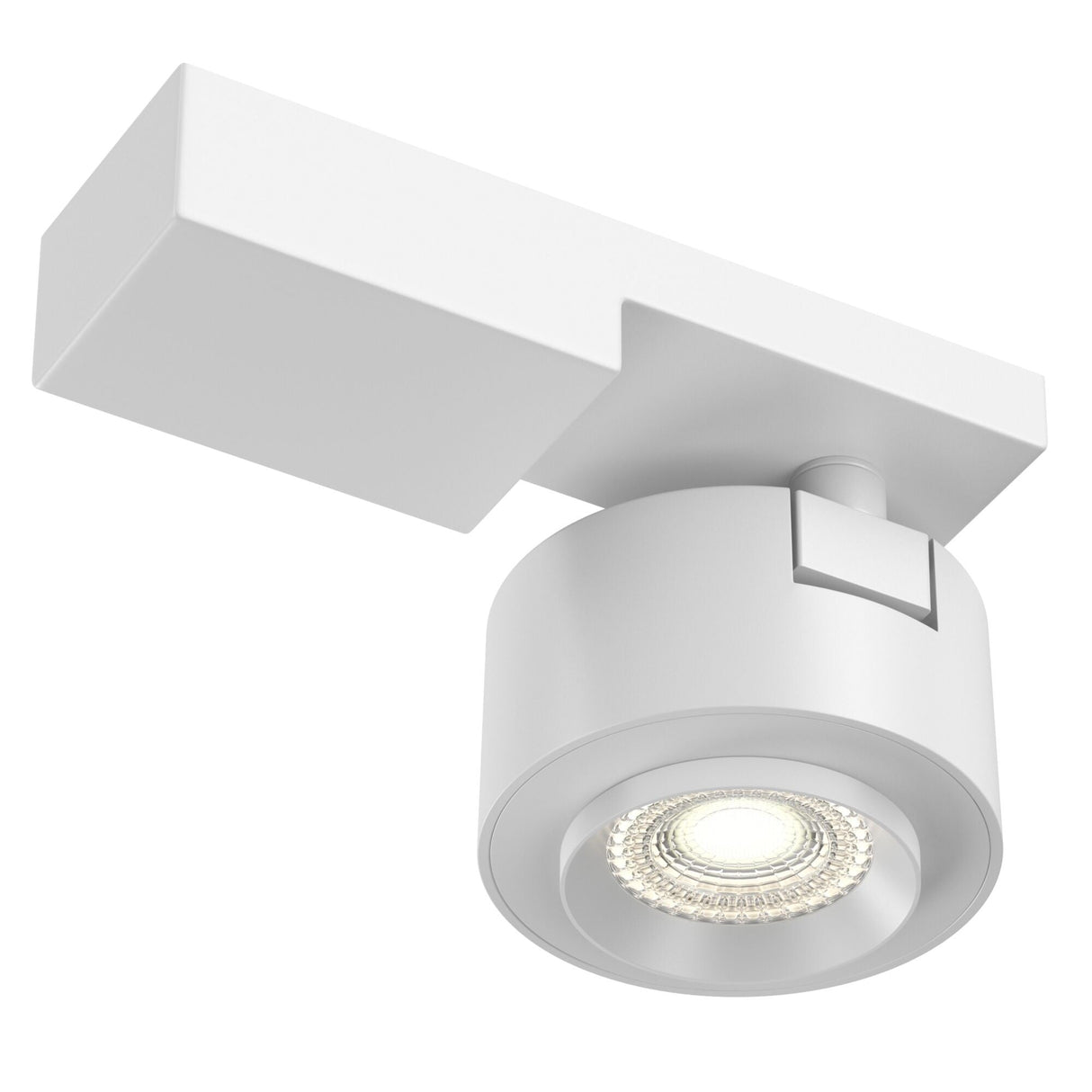The Treo LED Single Spotlight 13W offers 3000K warm light with a modern, energy-efficient design. This white cylindrical fixture features a rectangular base for ceiling mounting, providing directional illumination with a minimalist style and a 36° focused precision beam.