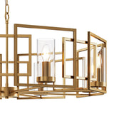 The Bowi 8 Light Chandelier in gold features a geometric design with rectangular frames and cylindrical glass shades encasing bulbs. Its sleek look and visible hanging chain bring stunning modern elegance to any room.
