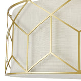 The Messina 3 Light Semi-Flush - Gold showcases a geometric gold metal frame and natural linen lampshade, with intersecting lines creating elegant hexagonal patterns.