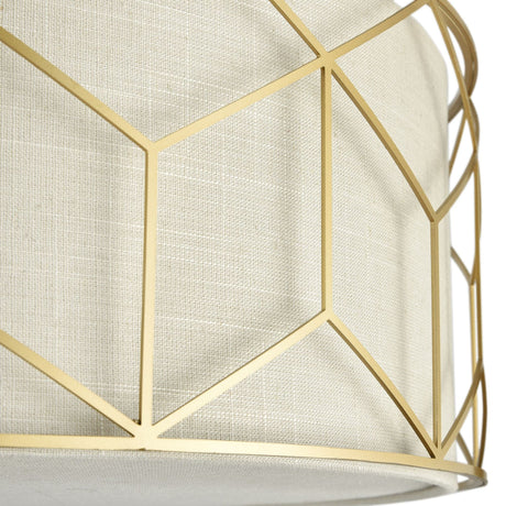 A close-up of a natural linen lampshade encircled by an intricate, golden metal frame resembles the elegant and modern design of the Messina 5 Light Semi-Flush - Gold, with gold beautifully contrasting against neutral fabric.