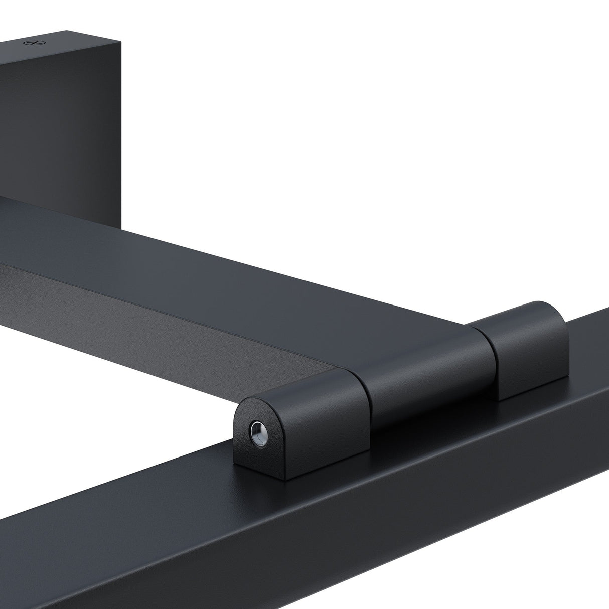Close-up of a modern hinge similar to the Bris LED Picture Light 12W 4000K - Black & White, showcasing sleek design with a cylindrical pivot on two rectangular metal pieces and a matte finish that enhances minimalist decor.