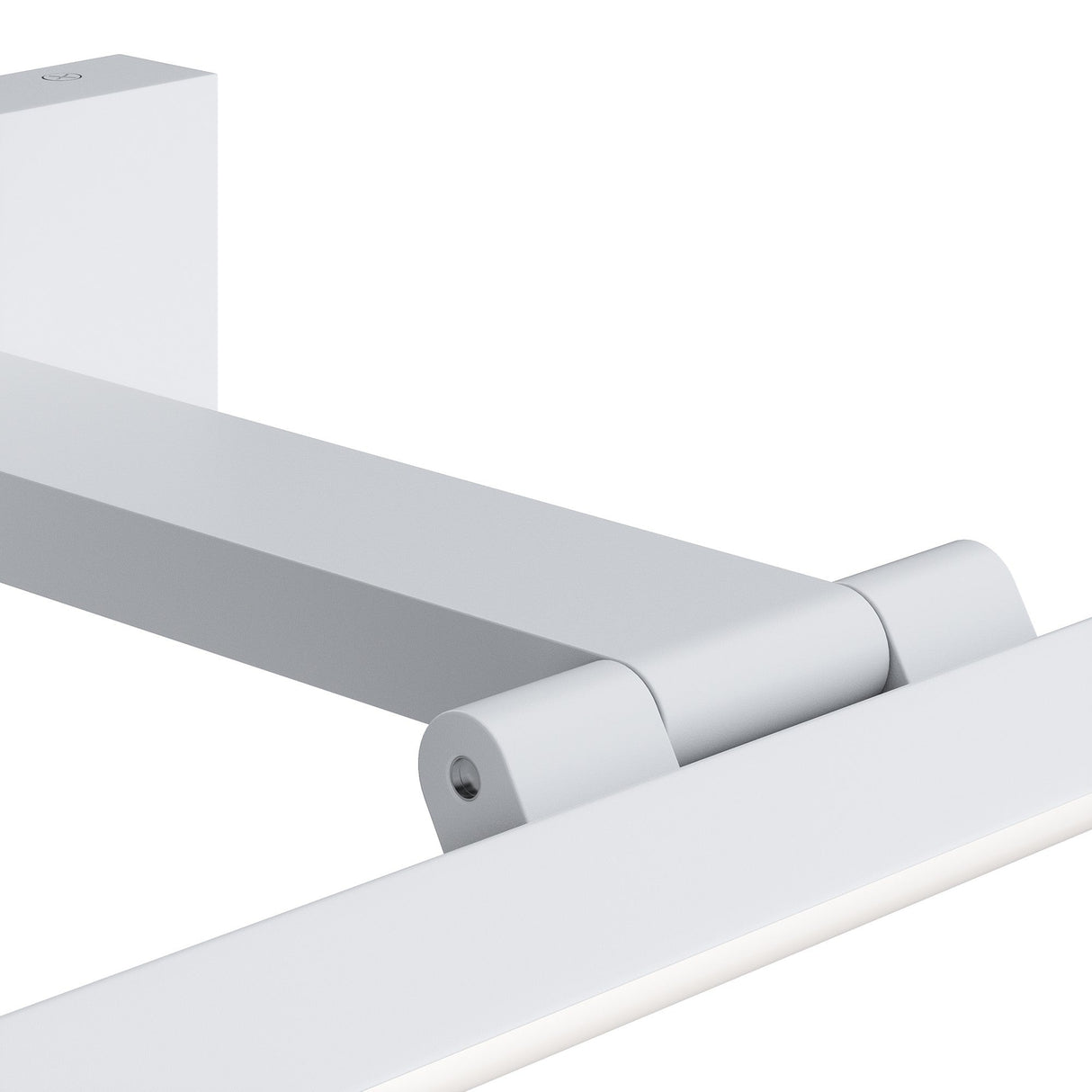 Close-up of a modern, minimalistic white hinge mechanism, potentially enhanced by the Bris LED Picture Light 12W 4000K - White to highlight its sleek design. The hinge features a rectangular metal arm connected to a cylindrical pivot against a plain white background.