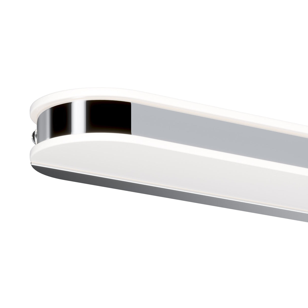Close-up of the Epic LED Picture Light 16W 4000K - Chrome, featuring a shiny chrome finish and a smooth, matte white cover. Its rounded edges highlight a minimalist design perfect for contemporary interiors.