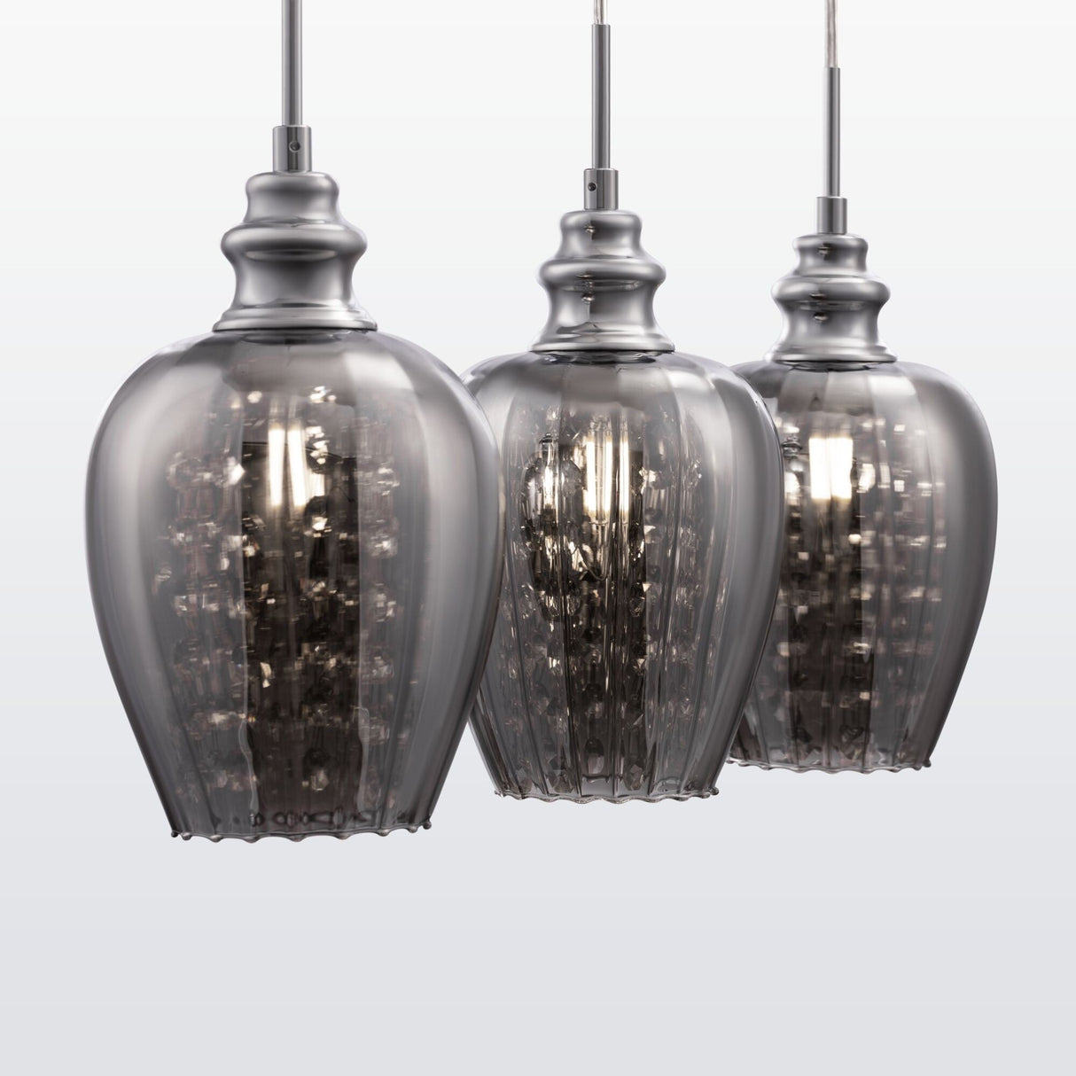 Close-up of Blues 3 Light Bar Pendant in Nickel with Smoked Glass, emphasizing its refined finish.