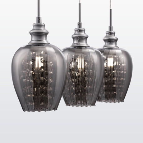 Close-up of Blues 3 Light Bar Pendant in Nickel with Smoked Glass, emphasizing its refined finish.