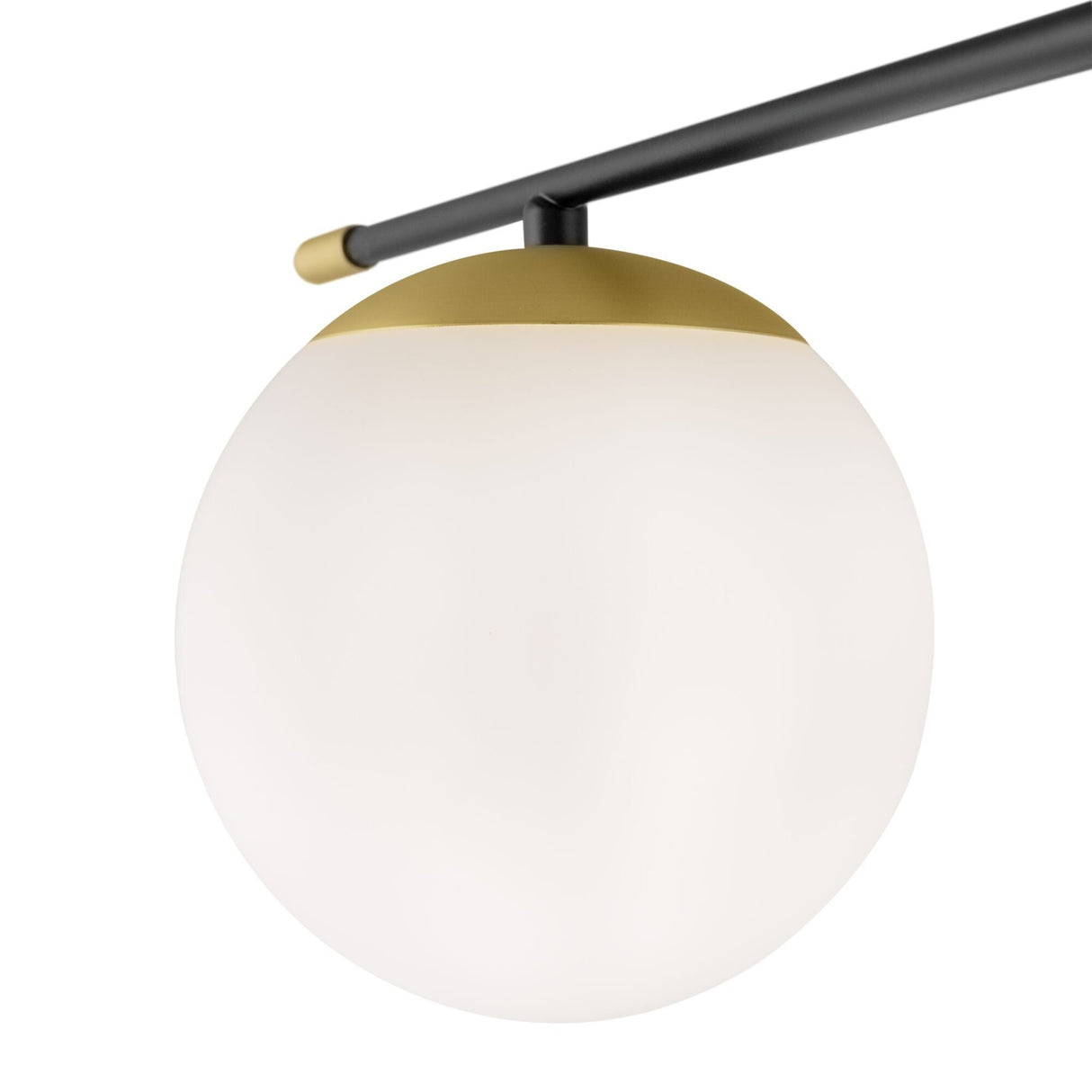 The Nostalgia 6 Light Semi-Flush fixture features a frosted glass dome shade with a gold-tone accent atop a matte black rod, offering a minimalist design for a contemporary feel.