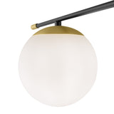 The Nostalgia 6 Light Semi-Flush fixture features a frosted glass dome shade with a gold-tone accent atop a matte black rod, offering a minimalist design for a contemporary feel.