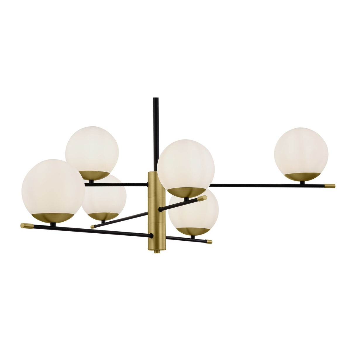The Nostalgia 6 Light Chandelier - Gold boasts a central brass fixture with six frosted glass globes on black arms, merging modern design with classic charm in a sleek and elegant piece.