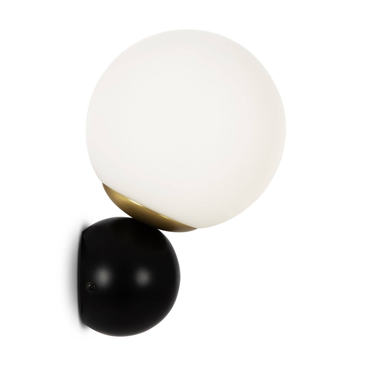 The Nostalgia Wall Light - Black & Gold is a wall-mounted fixture with a large frosted glass dome on a small matte black and gold base, combining modern minimalist design with contrasting colors and geometric shapes for an elegant appearance.