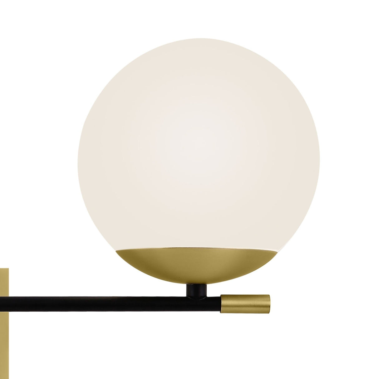 The Nostalgia 2 Light Wall Light - Black & Gold (MOD050WL-02G) is a minimalist modern lamp with a globe-shaped white glass shade, vintage design elements, and black and gold accents. It features a spherical shade on a black horizontal arm attached to a rectangular gold bracket.