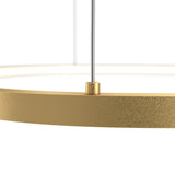 Close-up of the Glint LED Circular Suspension Light 60cm - Brass, a modern luxury gold pendant with a textured finish, elegantly suspended by a thin rod against a plain white background.
