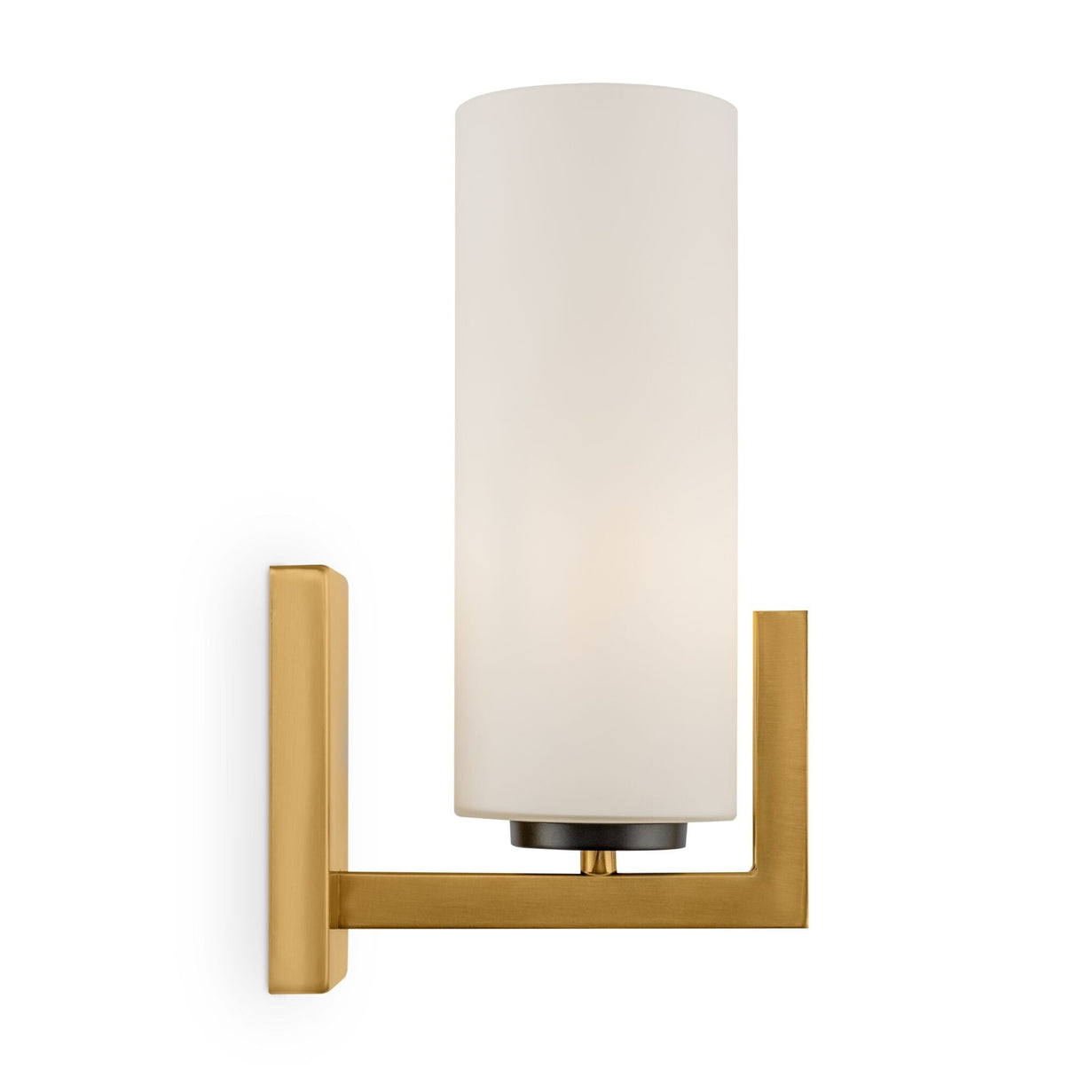 The Fortano Wall Light, a brass fixture with a white cylindrical glass shade mounted on a rectangular backplate, offers a modern industrial feel through its minimalist, geometric design.