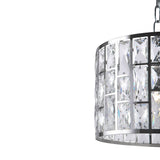 Close-up view of the Gelid 1 Light Chandelier - Chrome against a plain white background, featuring a chrome cylindrical metal frame with square cutouts, each holding a clear faceted crystal. The chandelier exudes sparkling elegance.