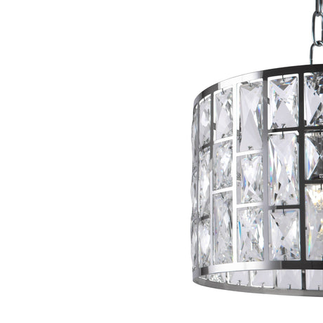 Close-up view of the Gelid 1 Light Chandelier - Chrome against a plain white background, featuring a chrome cylindrical metal frame with square cutouts, each holding a clear faceted crystal. The chandelier exudes sparkling elegance.