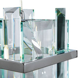 The Cerezo Single Glass Pendant Light - Chrome showcases a modern, abstract glass design with rectangular and angular shapes in clear and blue-tinted glass, enhanced by metallic accents. When lit, dynamic reflections akin to minimalist lighting enhance its allure.
