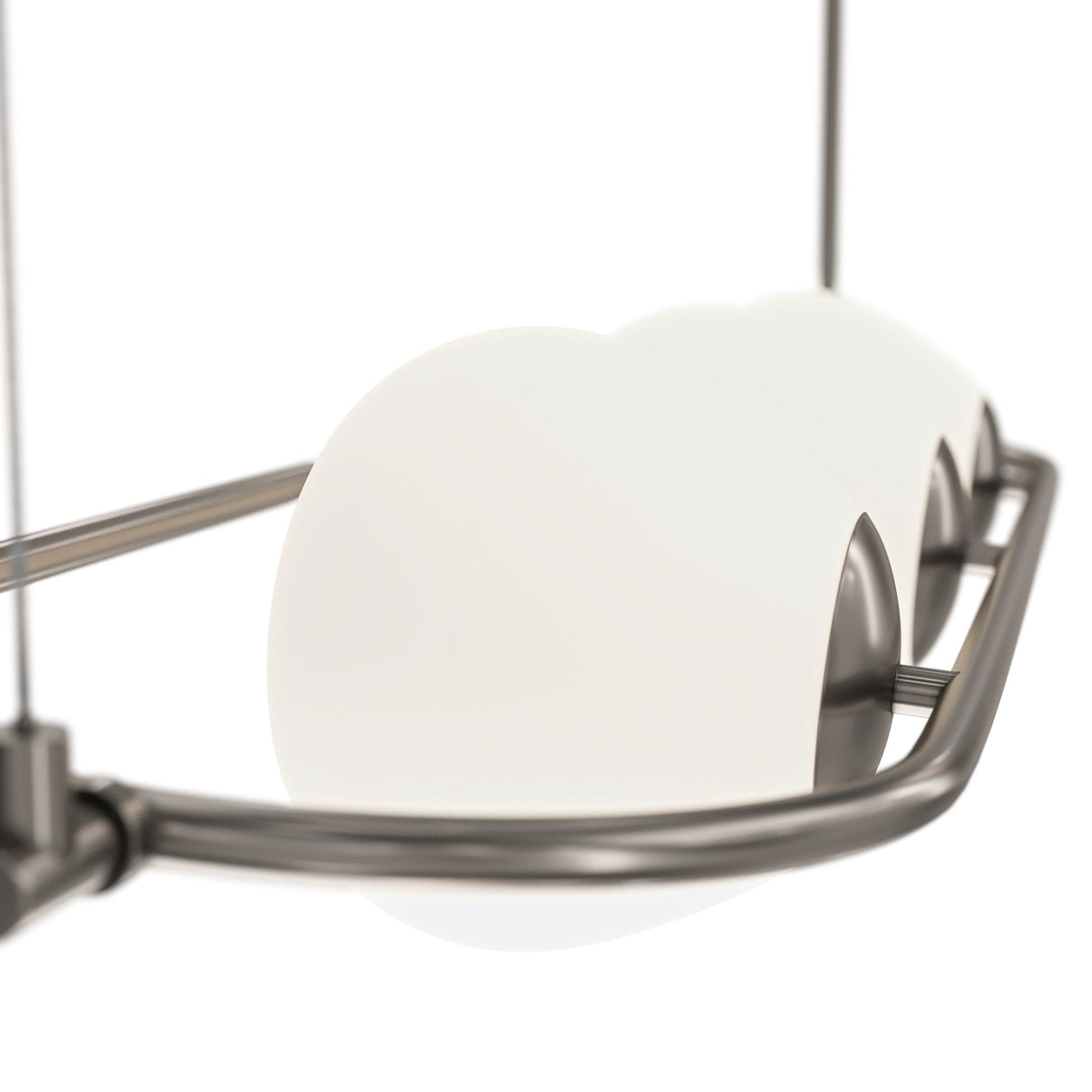 The Erich 3 Light Suspension - Nickel With White Glass showcases a sleek metal frame in a Nickel finish and three white globes, offering a modern minimalistic ceiling design.
