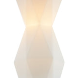 The Simplicity 1 Light Pendant features an abstract geometric pattern with soft, symmetrical shapes like an hourglass. Its beige and cream hues create a frosted glass effect, offering a minimalist aesthetic with subtle reflections.