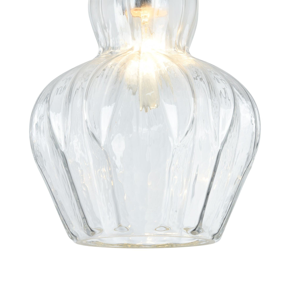 The Eustoma Pendant Light - Nickel With Transparent Glass showcases a clear glass with a wavy texture. Its rounded, vase-like shape houses a warm bulb for an ambient glow, and its elegant look is enhanced by the nickel finish.
