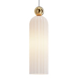 The Antic Pendant Light features a tall, cylindrical frosted ribbed glass shade. It is suspended by a wire and adorned with a small, round gold accent at the top, adding elegance to its design.