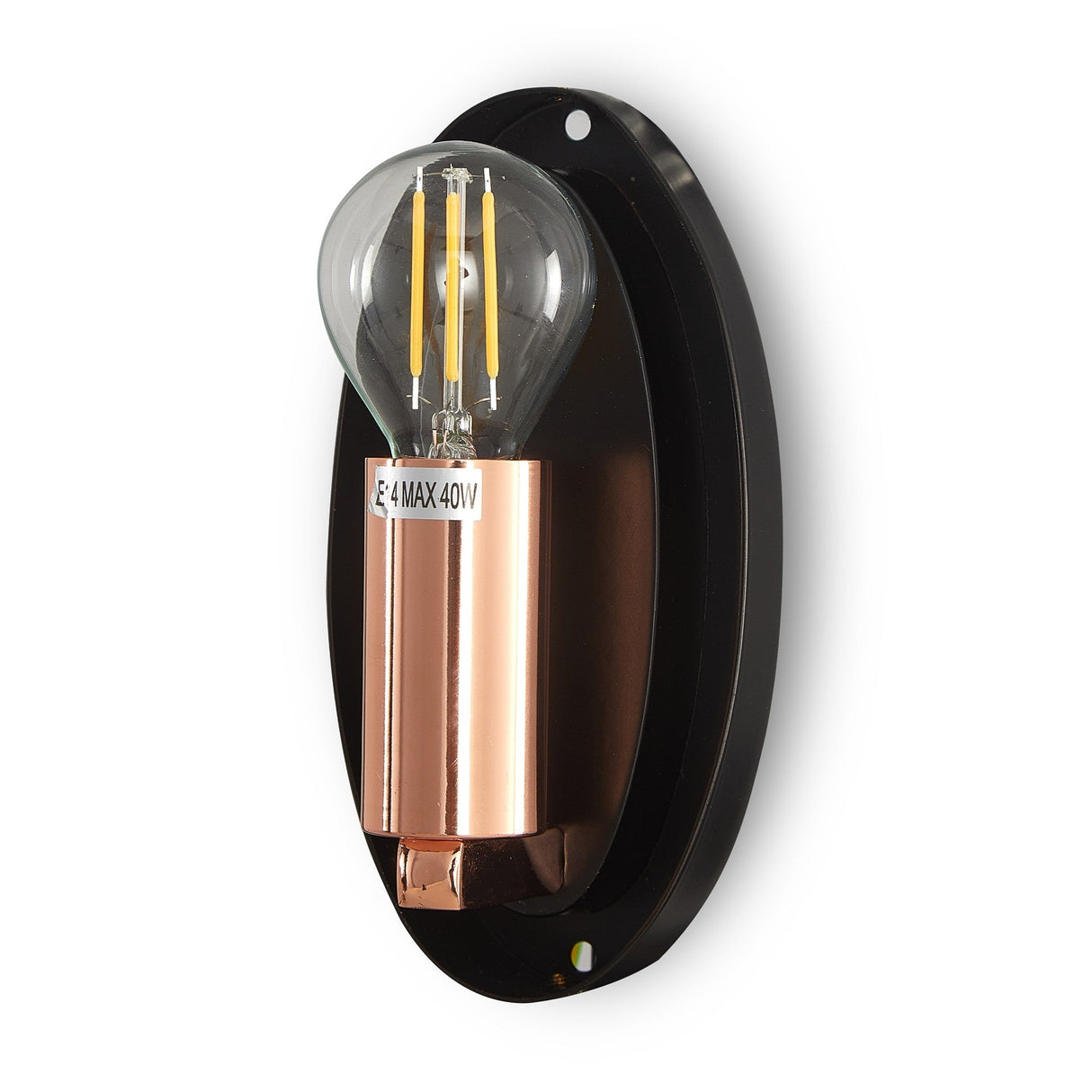 The Mabell Wall Light - Copper features a cylindrical copper design with an exposed LED bulb, mounted on a black oval base labeled E14 MAX 40W. This fixture combines modern and industrial charm, ideal for accent lighting in any space.