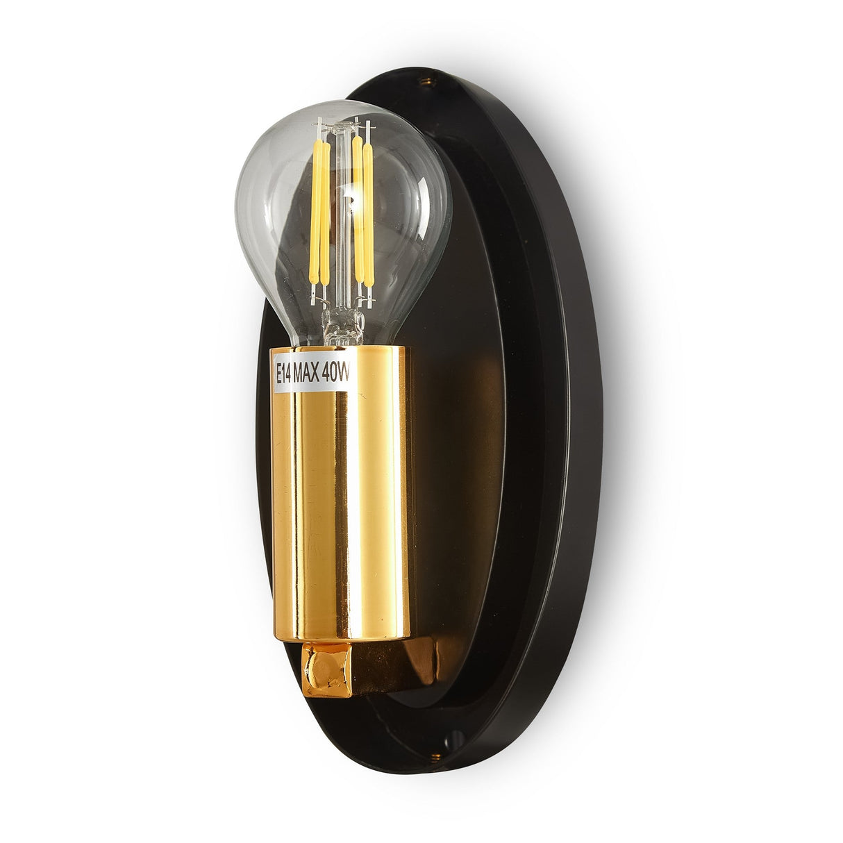 Introducing the Mabell Wall Light - Gold, a modern sconce with a clear filament bulb on a gold cylindrical base and black oval backplate. The E14 MAX 40W label accentuates its minimalist design.