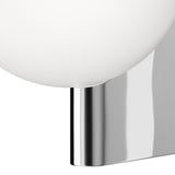 Close-up of the Avant-Garde Wall Light - Chrome, showcasing a smooth white spherical shade on a sleek chrome sconce. The minimalist design and elegant materials are prominently featured.