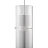 The Dynamics Pendant Light - White With Outer Clear Glass is a vertical cylindrical pendant light with a white ribbed interior texture and aluminum frame, hanging from a white cord for a modern and sleek appearance.