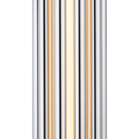 The Sonata LED Wall Light 12W 3000K in chrome features vertical metallic and chrome striped bars in a symmetrical pattern. Its sleek, modern design with a reflective surface captures light beautifully, offering depth and dimension akin to an LED wall light.