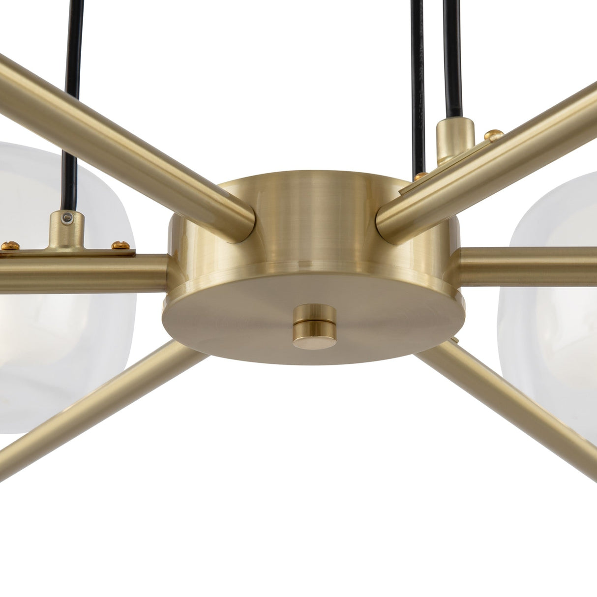 Detailed view of Vision 6 Light Chandelier, gold, highlighting inner frosted and outer clear glass