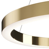 The Saturno LED Circular Suspension Light 60cm in brass features a sleek, minimalistic design with a shiny gold finish and a soft white inner ring, elegantly suspended by a thin polished brass cable—perfect for modern interiors.