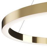 The Saturno LED Circular Suspension Light 80cm - Brass features a sleek, minimalist design with a polished brass finish. It suspends from a thin wire and emits an energy-efficient soft white glow from its inner rim.