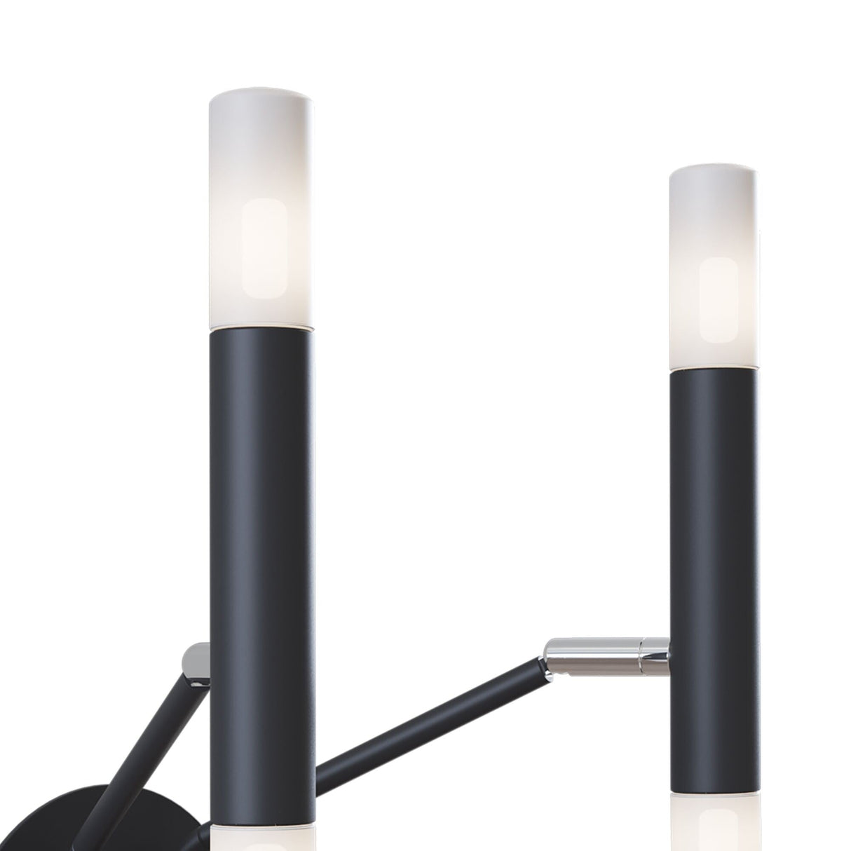 The Vigo 4 Light Wall Light - Black features a minimalist design with two black metal cylindrical arms and frosted glass diffusers, perfect for industrial-inspired interiors, showcasing sleek lines against a plain backdrop.