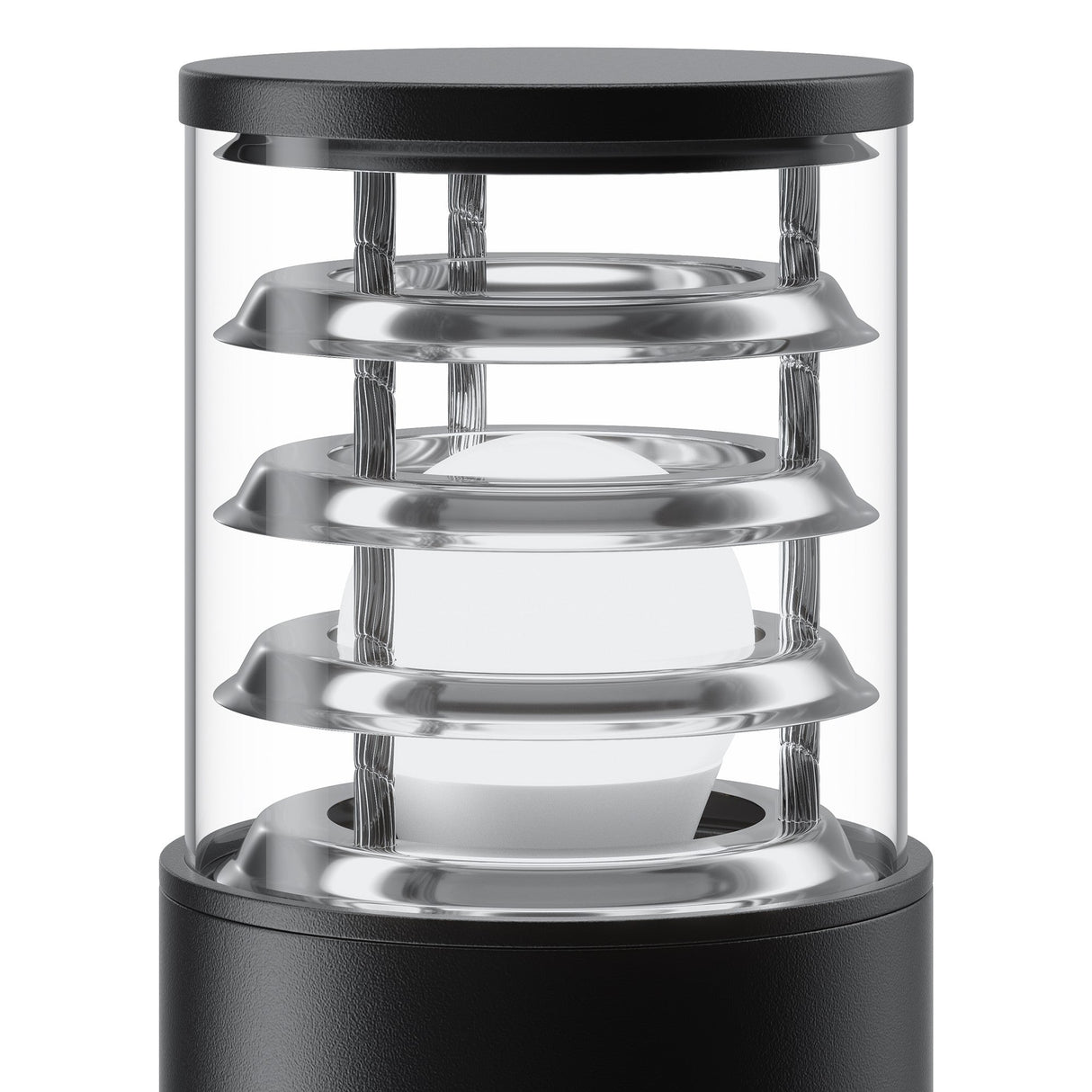 The Bronx Bollard Light 250mm - Black is ideal for garden paths, with a sleek cylindrical glass design, horizontal metal rings encircling the central bulb. The dark metallic base and top highlight modern outdoor lighting style.