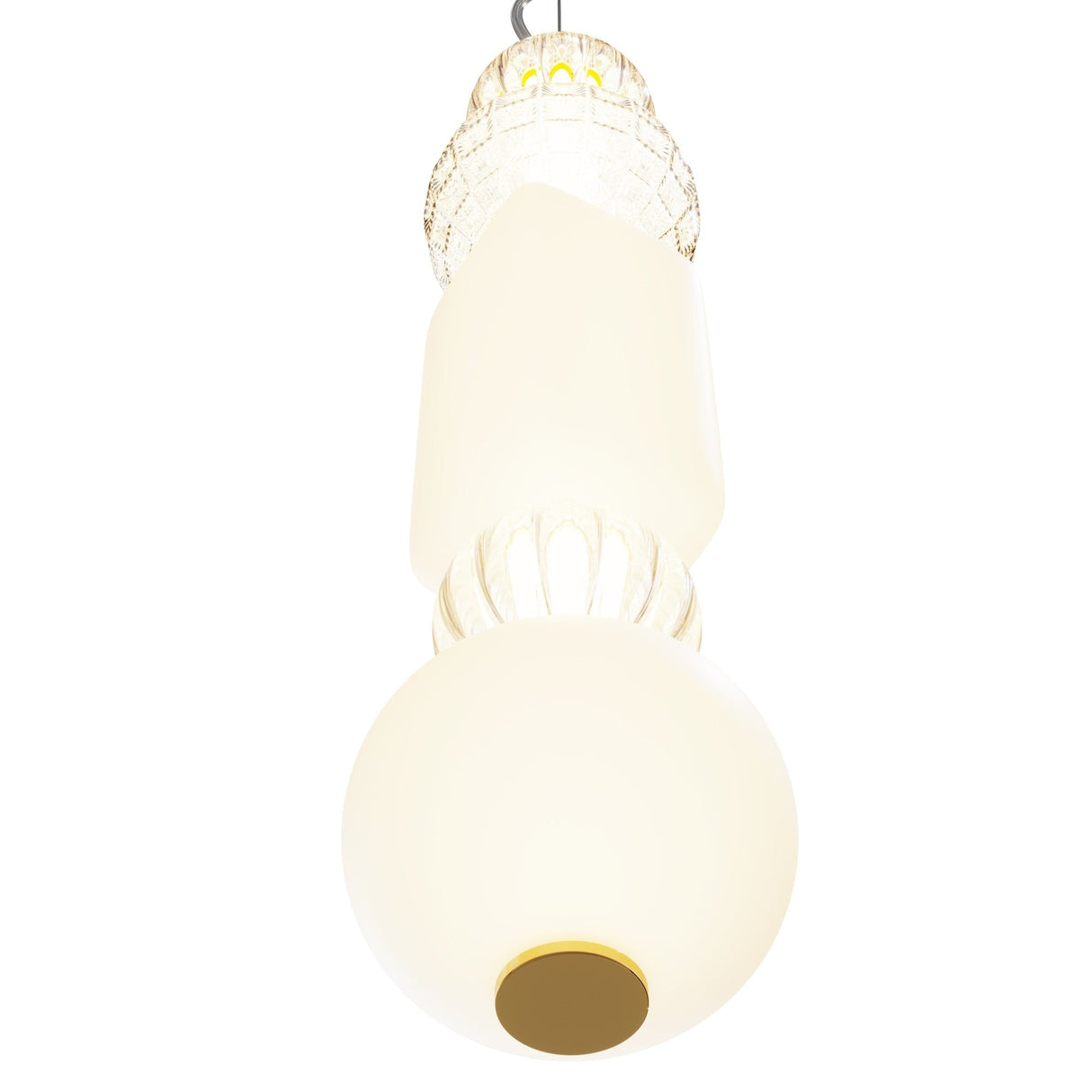 The Collar LED Pendant Light 35W - Gold features an elegantly modern design with a frosted white glass globe at the bottom, decorative gold finish accents in the middle, and a smaller translucent section at the top, all illuminated by an integrated LED strip.