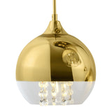 Introducing the Fermi 5 Light Cluster Pendant in Gold, a dome-shaped light with modern elegance. Its reflective top and clear bottom with dazzling crystal detailing illuminate beautifully, while it hangs from a metal rod for a refined touch in any space.