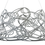 The Elva Single Pendant Light - Grey features an intricate abstract design with swirling metal rods, a decorative diffuser for dynamic shadows, and an adjustable cord length for ideal placement against a white background.