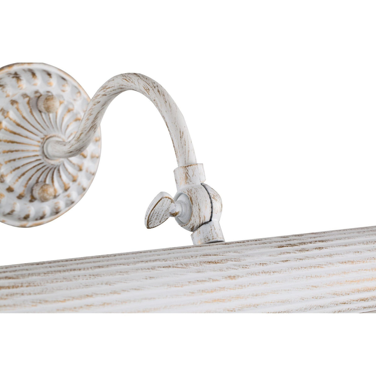 The Renoir Classic Picture Light - White is a vintage-style wall-mounted fixture with a curved arm and adjustable joint, featuring a weathered white finish with wood-like grain details that seamlessly blend into modern interiors.