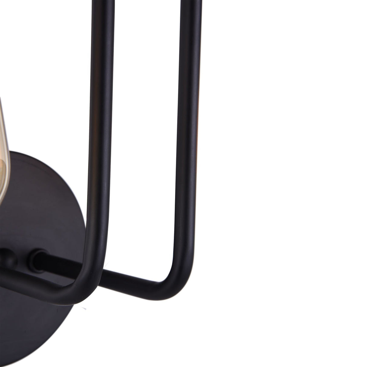 A close-up of the Gilbert 2 Light Wall Light - Black, showcasing a sleek matte black metal frame with two parallel curved lines encasing an open bulb design on a round base, set against a white backdrop for a minimalist aesthetic.