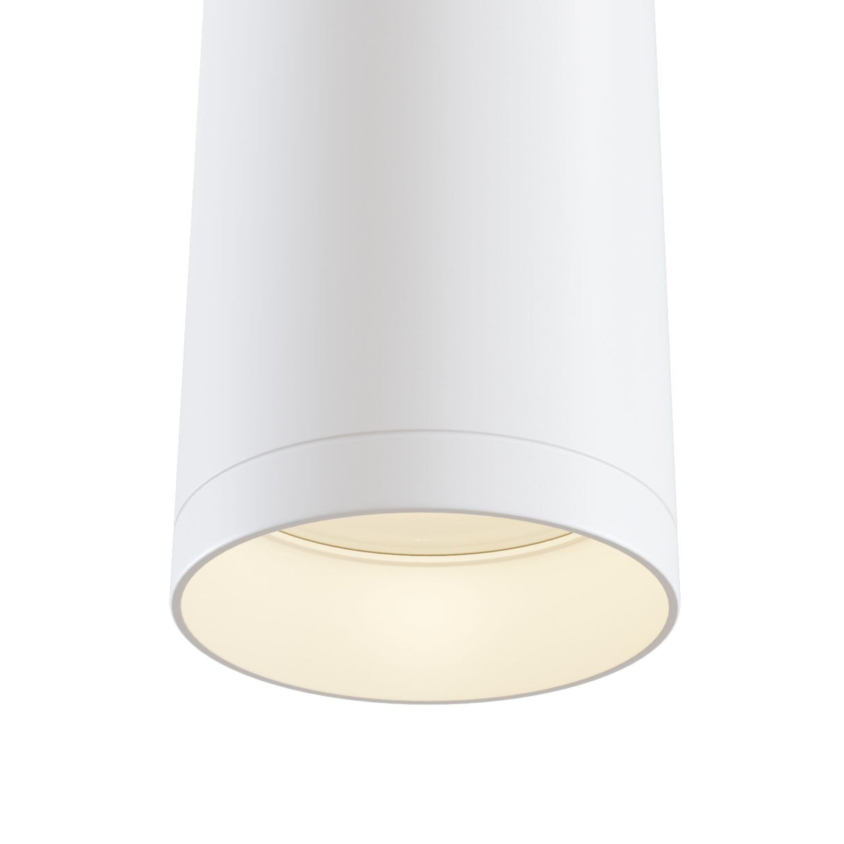 Close-up of the Single Phase UNITY Track Pendant Light in white, featuring a sleek cylindrical design with a smooth matte finish and a glowing GU10 bulb—an ideal example of modern lighting style.