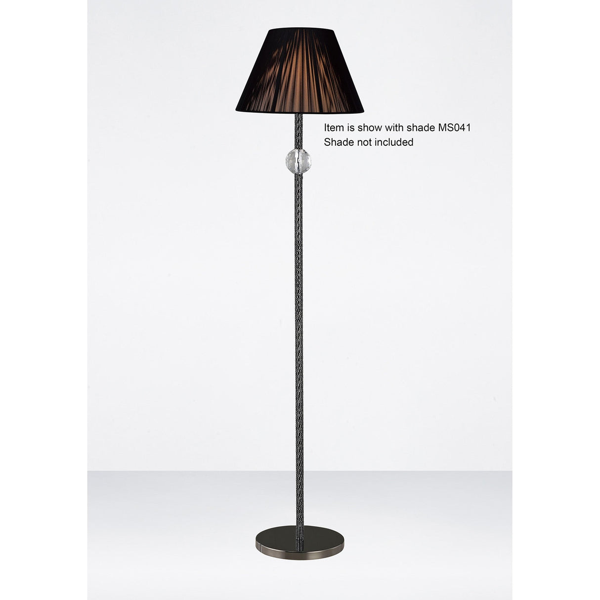 The Elena 1 Light Crystal Floor Lamp - Black (Without Shade) features a tall, black chrome design with a round base and decorative sphere under the socket. Shown without the shade, against a plain white background. Shade not included.