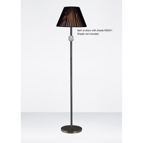 The Elena 1 Light Crystal Floor Lamp - Black (Without Shade) features a tall, black chrome design with a round base and decorative sphere under the socket. Shown without the shade, against a plain white background. Shade not included.