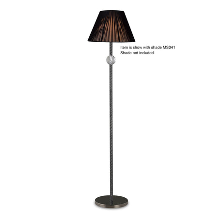 The Elena 1 Light Crystal Floor Lamp - Black (Without Shade) features a round base, slender textured pole, and decorative clear sphere below the socket, blending elegance and modern style. Shown with a pleated black shade (not included).