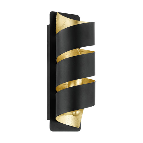 Elizondo Wall Light in black and gold, a steel ribbon spiralling around a slim rectangular backplate with gold-leaf inner edges, shown on a plain white background.