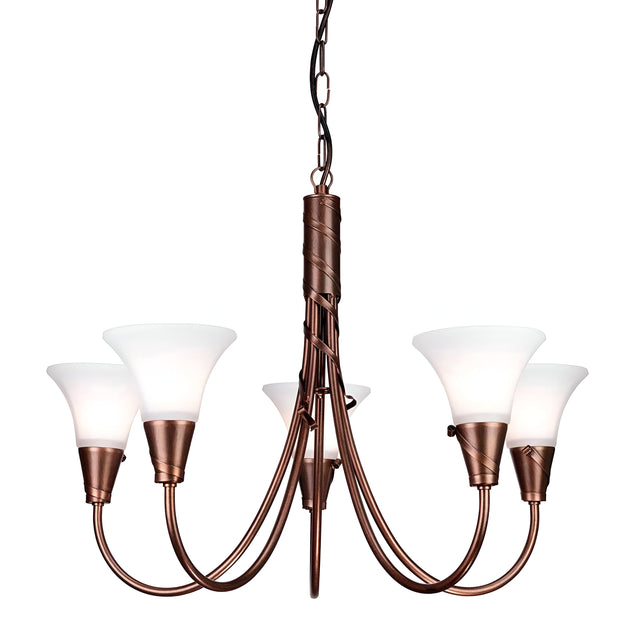 The Emily 5 Light Chandelier - Copper Patina features a stunning copper patina finish with five frosted glass lampshades, gracefully curved arms, and an ornate central column. Suspended from a short chain, it exudes vintage appeal and classic elegance, making it an ideal lighting fixture for any room.