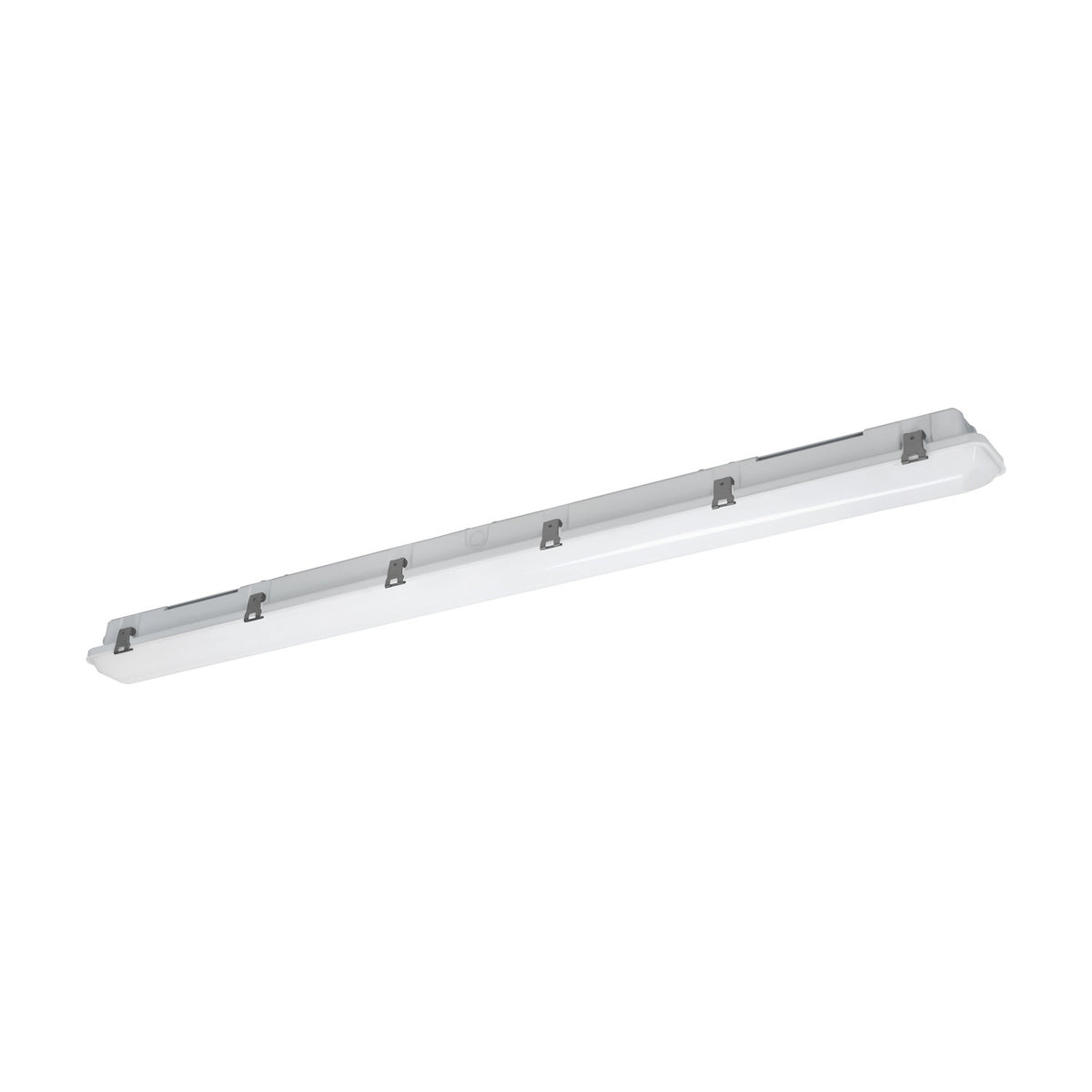 Emergency Light 148.8cm linear ceiling fitting in white plastic with a full-length diffuser and grey side clips, shown on a plain white background.